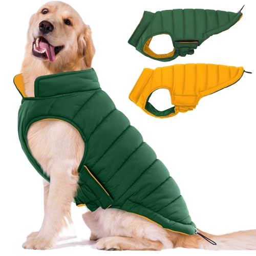 Lelepet Reversible Dog Coat Waterproof Dog Jacket Windproof Puffer Vest for Winter Warm Lightweight Coats for Large Dogs Adjustbale Hook & Loop Pet Apparel with Leash Hole, Pitbull, Green, XL