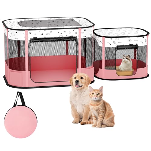 Portable Cat Playpen, 8-Rod Reinforced Kitten Dog Playpens, Foldable Play Pen for Indoor Cats Enclosed Pet Puppy Doggy Outdoor, Collapsible Tent Kennel Cage, Pink
