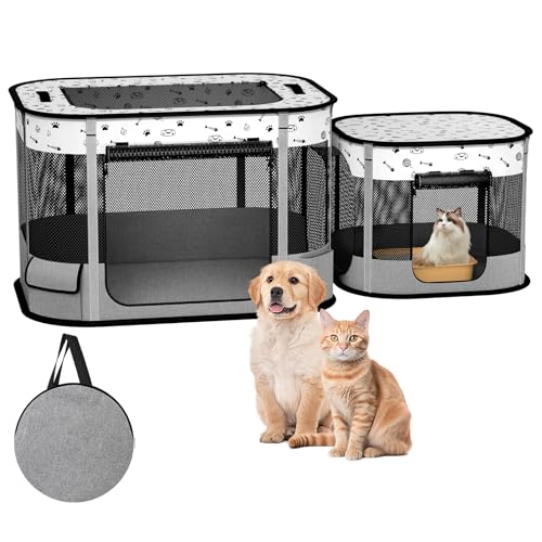 Portable Cat Playpen, 8-Rod Reinforced Kitten Dog Playpens, Foldable Play Pen for Indoor Cats Enclosed Pet Puppy Doggy Outdoor, Collapsible Tent Kennel Cage, Gray