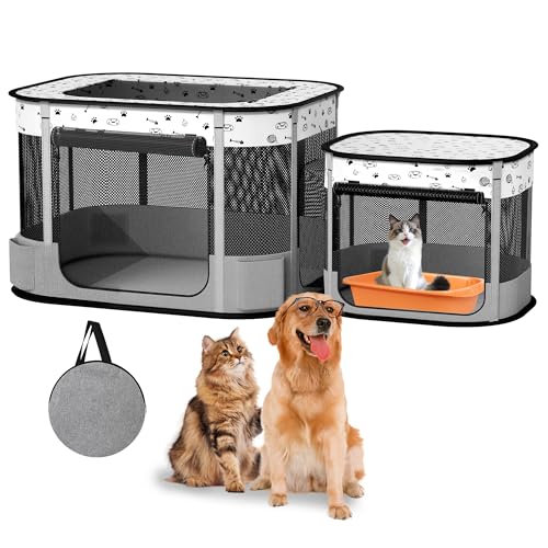 Portable Cat Playpen, Foldable Pet Dog Playpen, for Kitten Puppy Play Pen Indoor/Outdoor, Cats Enclosure Cages Tent with Carrying Case, 600D Oxford 8-Rods, 32"x24"x22", Grey