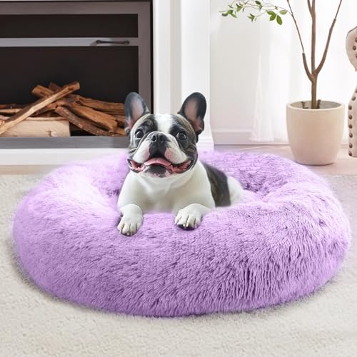 JOLLYVOGUE Medium Calming Dog Bed, Anti-Anxiety Donut Cuddler Cat Bed with Anti-Slip Bottom, Fluffy Faux Fur Machine Washable Pet Cushion for Medium Large Dog & Cat (31")