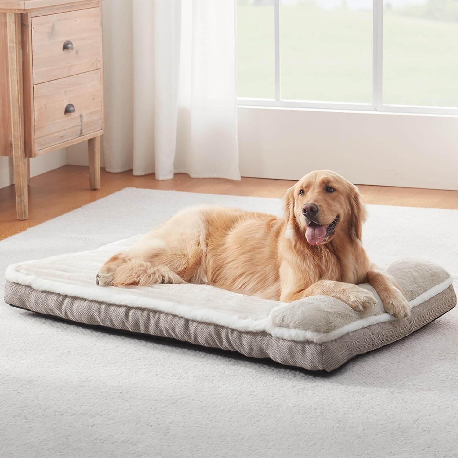 Dog Bed for Large Dogs, Dog Mattress with Pillow for Crate Kennel, Sofa pet Bed, Super Soft pet Bed for Medium, Jumbo, Small Dogs Breeds (Beige, XX-Large:(46"x30"x4"))