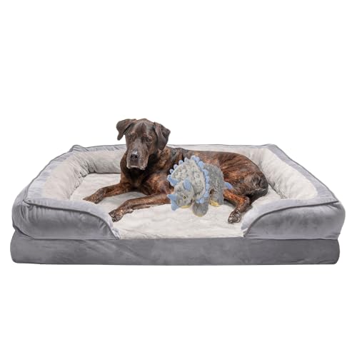 FurHaven Cooling Gel Dog Bed & goDog Toy - Squeaky Plush Dino with Chew Guard Technology for Large Dogs - Plush & Velvet Waves Perfect Comfort Sofa - Granite Gray, Jumbo Plus/XXL