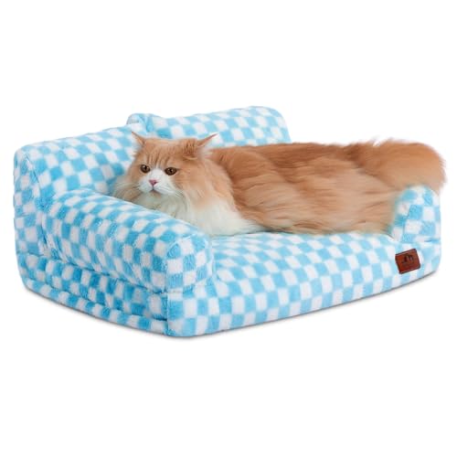Hollypet Fluffy Plush Dog Cat Pet Couch Soft Calming Sofa Bed for Medium Small Cats and Dogs, Blue and White