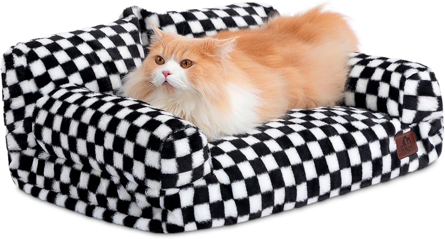 Hollypet Fluffy Plush Dog Cat Pet Couch Soft Calming Sofa Bed for Medium Small Cats and Dogs, Black and White