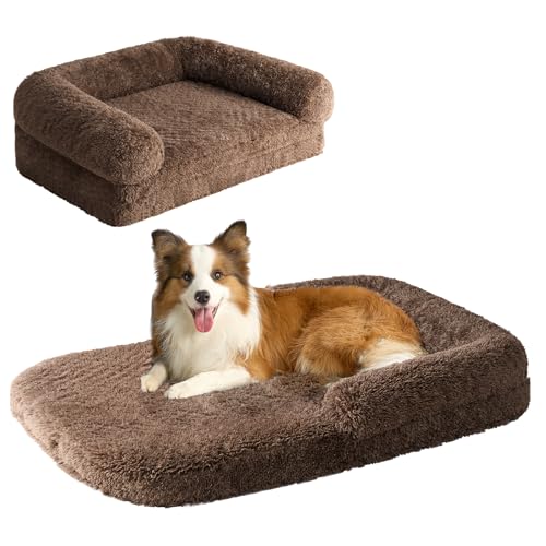 EHEYCIGA Foldable XL Dog Bed, 46"x34"x6.5" Faux Fur Fluffy Pet Couch Bed for Large Dogs, Orthopedic Calming Memory Foam Big Pet Bed, Washable Soft Pet Sofa Bed with Non-Slip Bottom, Brown