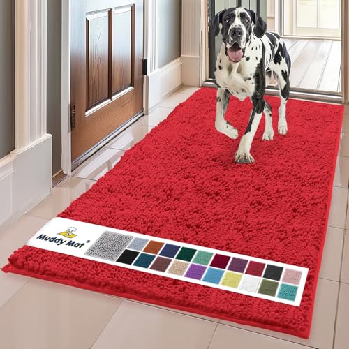 Muddy Mat AS-SEEN-ON-TV Highly Absorbent Microfiber Door Mat and Pet Rug, Non Slip Thick Washable Area and Bath Mat Soft Chenille for Kitchen Bathroom Bedroom Indoor and Outdoor - Red 24" x 96"