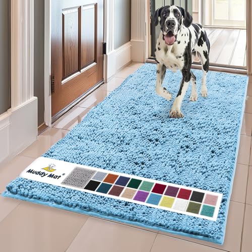 Muddy Mat AS-SEEN-ON-TV Highly Absorbent Microfiber Door Mat and Pet Rug, Non Slip Thick Washable Area and Bath Mat Soft Chenille for Kitchen Bathroom Bedroom Indoor and Outdoor - Sky Blue 24" x 72"