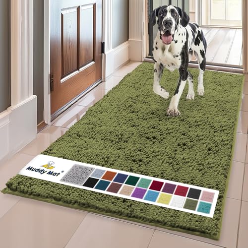 Muddy Mat AS-SEEN-ON-TV Highly Absorbent Microfiber Door Mat and Pet Rug, Non Slip Thick Washable Area and Bath Mat Soft Chenille for Kitchen Bedroom Indoor and Outdoor - Army Green 24" x 96"