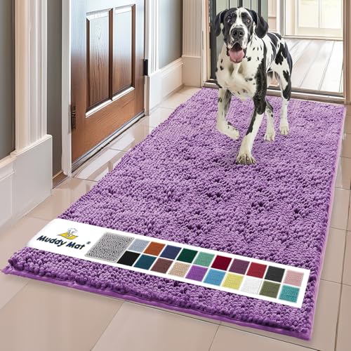 Muddy Mat AS-SEEN-ON-TV Highly Absorbent Microfiber Door Mat and Pet Rug, Non Slip Thick Washable Area and Bath Mat Soft Chenille for Kitchen Bathroom Bedroom Indoor and Outdoor - Purple 36" x 120"