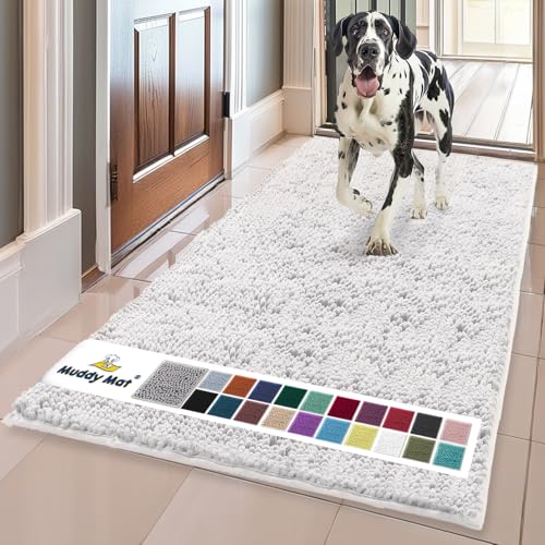 Muddy Mat AS-SEEN-ON-TV Highly Absorbent Microfiber Door Mat and Pet Rug, Non Slip Thick Washable Area and Bath Mat Soft Chenille for Kitchen Bathroom Bedroom Indoor and Outdoor - White 24" x 72"