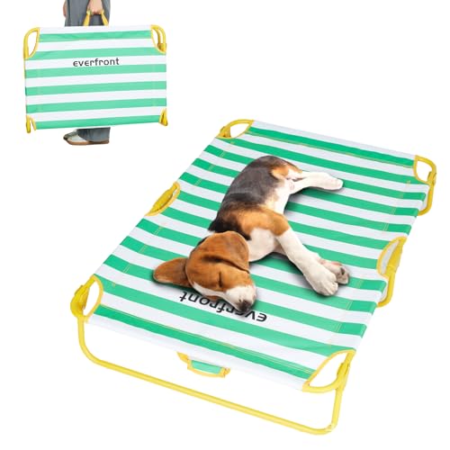 Dog Elevated Bed Foldable Portable Raised Bed Camping cot Outdoor Summer Dog Bed (Medium, GreenStripes-Oxford Fabric)