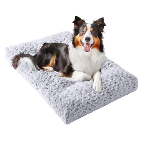 JOLLYVOGUE Washable Dog Bed for Crate, Deluxe Rose Plush Dog Crate Beds for Small Medium Large Size Dogs, Anti-Slip Soft Comfy Pet Kennel Pad, Fits Kennel Cage and Cat Bed Mat, 53" X 36", Gray