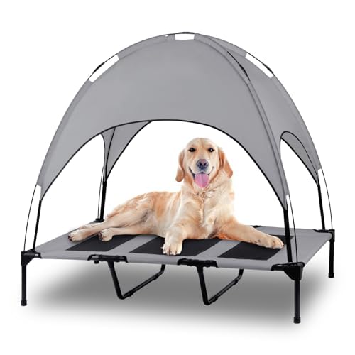 Elevated Outdoor Dog Bed with Removable Canopy, 48-Inch Waterproof Raised Pet Cot, Portable Outdoor Dog Bed with Extra Carrying Bag, Cooling Canopy for Large Dogs (Dark Gray)
