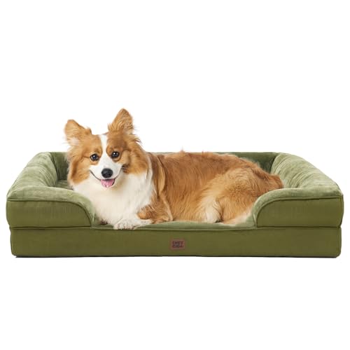 EHEYCIGA Orthopedic Dog Beds Large Sized Dog, Waterproof Memory Foam Pet Bed with Sides, Non-Slip Bottom Large Pet Bed with Washable Removable Cover, Olive Green