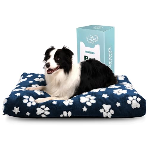 Dog Beds for Large Dogs, Cute Thick Dog Bed for Crate Kennel, Fluffy Pet Bed with Removable Washable Cover and Anti-Slip Bottom, 35"x 22", Navy Paw