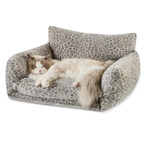 Hollypet Cat Bed Fluffy Plush Mutifuctional Double-Layer Soft Pet Couch Orthopedic Sofa Nest Beds for Small Cats and Dogs, Snow Leopard (25x20x13 inch)