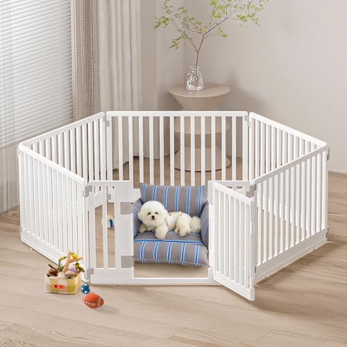 Pet Playpen Foldable Gate for Dogs Heavy Plastic Puppy Exercise Pen with Door Portable Indoor Outdoor Small Pets Fence Puppies Folding Cage 4 Panels Medium Animals House Supplies (PPW-WHITE06, White)