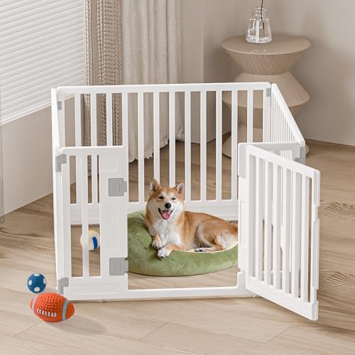 Pet Playpen Foldable Gate for Dogs Heavy Plastic Puppy Exercise Pen with Door Portable Indoor Outdoor Small Pets Fence Puppies Folding Cage 4 Panels Medium Animals House Supplies (PPW-WHITE04, White)