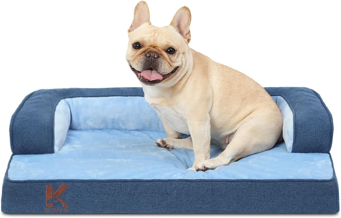 KSIIA Washable Dog Bed Medium Size Dog U-Shaped Bolster Pet Couch with Removable Waterproof Cover, Non-Slip Bottom and Egg-Crate Orthopedic Foam Pet Bed, 35 x 22 Inch, Blue