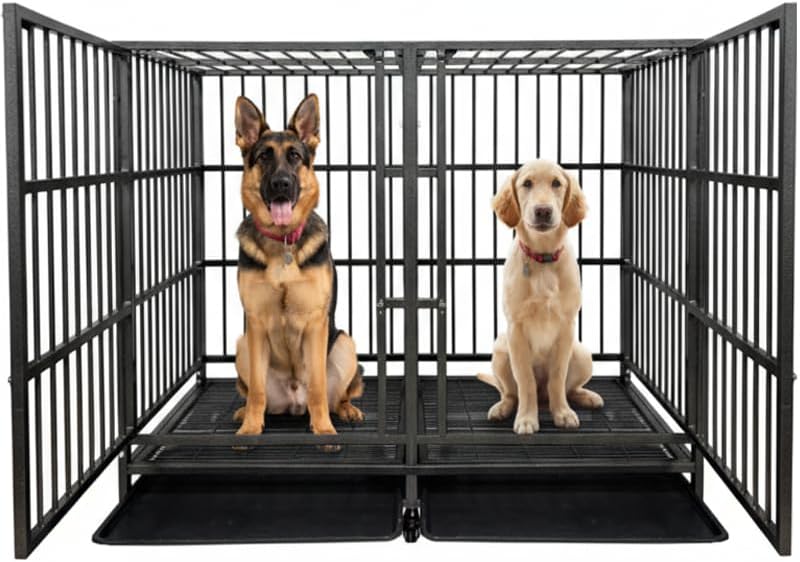 54 Heavy Duty Indestructible and Escape-Proof Dog Crate Cage Kennel with Divider for 2 Large Dogs, High Anxiety Dog Crate with Removable Wires Trays and Wheels, Extra Large XL XXL