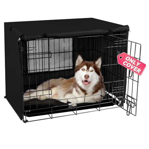 Dog Crate Cover for 42" Large Wire Dog Cage, Dog Kennel Cover with Double Door, Lightweight 600D Polyester Windproof Pet Crate Covers, Machine Wash & Dry, Black