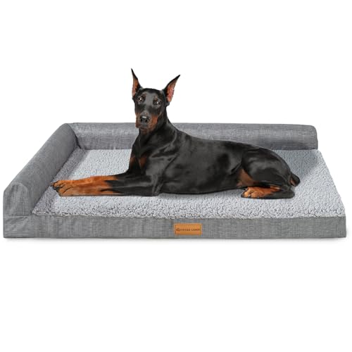 Patas Lague Orthopedic Jumbo Dog Bed for Extra Large Dogs 56''X40'', Waterproof L Bolster Pet Sofa Beds with Removable Washable Cover, Soft Comfortable Pet Couch Crate Mat with Nonskid Bottom, Grey