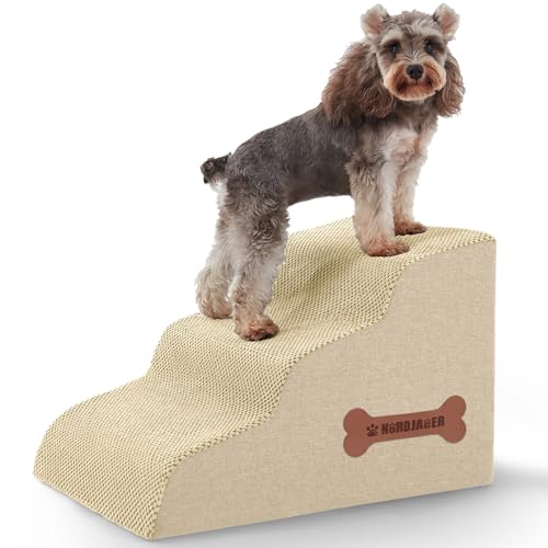 Dog Stairs 3-Step for Small Dogs and Cats to Get on Bed and Furniture/Windows, Pets Can Climb, Sit, or Perch to Look Out Windows, Extra Wide Dog Steps, Non-Slip Waterproof Fabric Cover, Beige(15.7" H)