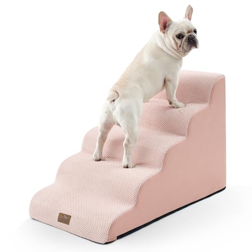 Wide Dog Stairs 19.7" Width, Pet Step for Small/Medium/Large Dog, Puppy or Cat, Pet Ramp for High Bed or Car, High Density Foam Ladder, 19.7x33x22.4 in, Stable, 5 Step, Pink