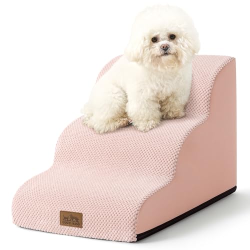Dog Stairs for Small Dogs 15.7" H, Curved Dog Step for Puppy, Older Cat, Medium Pet Ramp for Sofa, Couch or Bed, Ladder with High Density Foam, 15.7x22.4x15.7 inch, 3 Step, Pink