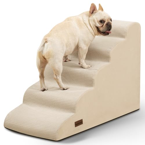 5-Step Dog Stairs and Ramp for High Bed,Non-Slip Sturdy Pet Steps for Small Dogs and Cats,22.2" H,Beige