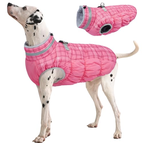 FUAMEY Dog Coat for Large Dogs,Waterproof Dog Winter Jacket with Harness Built in Puppy Cold Weather Coats Reflective Pet Vest with Zipper Warm Fleece Dogs Snowsuit Windproof Rose Plaid L
