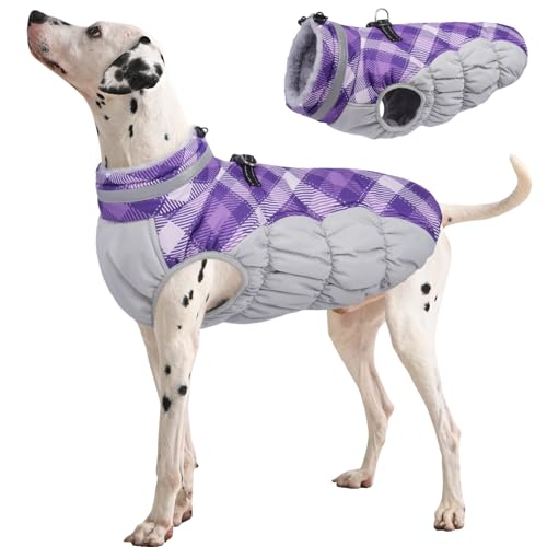 FUAMEY Dog Coat for Large Dogs,Waterproof Dog Winter Jacket with Harness Built in Puppy Cold Weather Coats Reflective Pet Vest with Zipper Warm Fleece Dogs Snowsuit Windproof Purple Plaid L