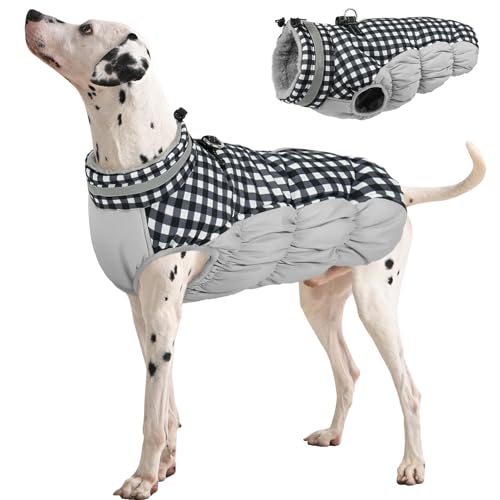 FUAMEY Dog Coat for Large Dogs,Waterproof Dog Winter Jacket with Harness Built in Puppy Cold Weather Coats Reflective Pet Vest with Zipper Warm Fleece Dogs Snowsuit Windproof Checkerboard L