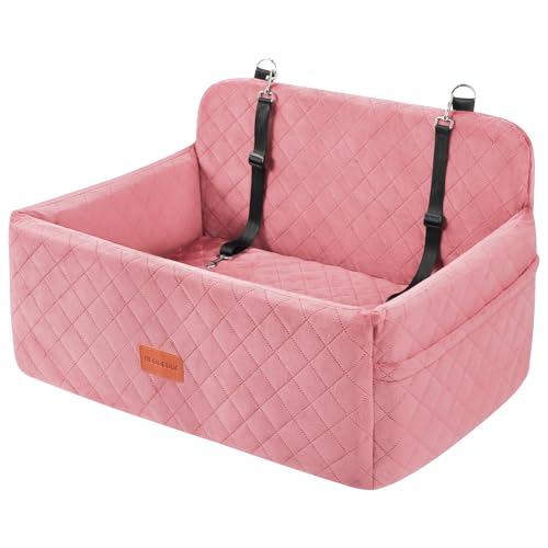 Dog Car Seat for Medium/Large Dogs, Pet Booster Seat for Under 55 lbs or 2 Small Dogs, Detachable & Washable Dog Car Bed for Backseat with 2 Safety Leashes (Pink)