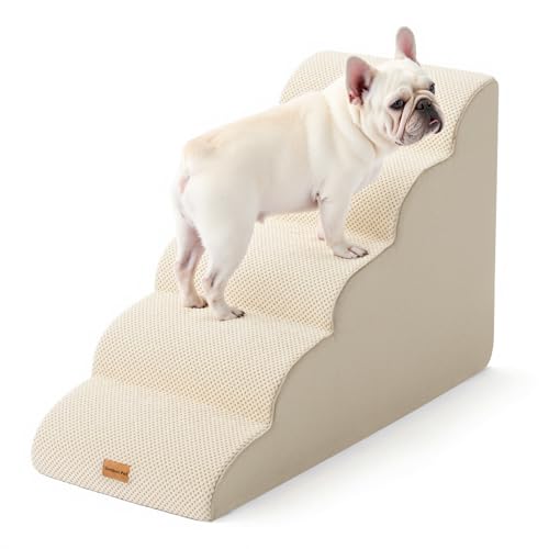 Gardner Pet Dog Stairs for Small Dogs 22.8" H, 5-Step Beige Curved Pet Stairs, Dog Steps for High Bed, Couch (24-30 in) with Durable Non-Slip Waterproof Fabric Cover and CertiPUR-US Certified Foam