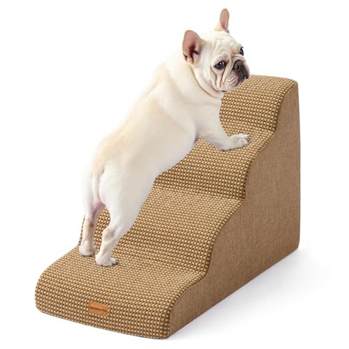Gardner Pet Dog Stairs for Small Dogs 19.7" H, 4-Step Brown Curved Pet Stairs, Dog Steps for High Bed (18-24 in), Couch with Durable Non-Slip Waterproof Fabric Cover and CertiPUR-US Certified Foam