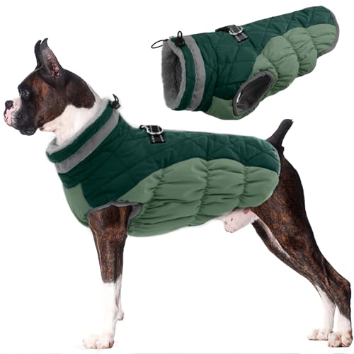 Lelepet Warm Dog Winter Coat Dog Coats for Large Dogs Waterproof Dogs Jacket with Harness Built in Reflective Cold Weather Coats Zip-Up Winter Fleece Vest Snowsuit Boston Terrier Teal Green L