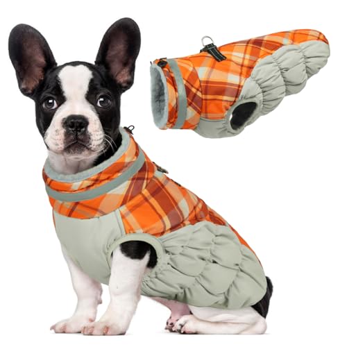 Lelepet Warm Dog Winter Coat Dog Coats for Medium Dogs Waterproof Dogs Jacket with Harness Built in Reflective Cold Weather Coats Windproof Zip-Up Winter Fleece Vest Snowsuit Dachshund Orange Plaid