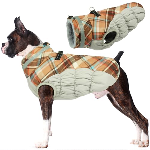 Lelepet Warm Dog Winter Coat Dog Coats for Large Dogs Waterproof Dogs Jacket with Harness Built in Reflective Cold Weather Coats Zip-Up Winter Fleece Vest Snowsuit Boston Terrier Brown Plaid L