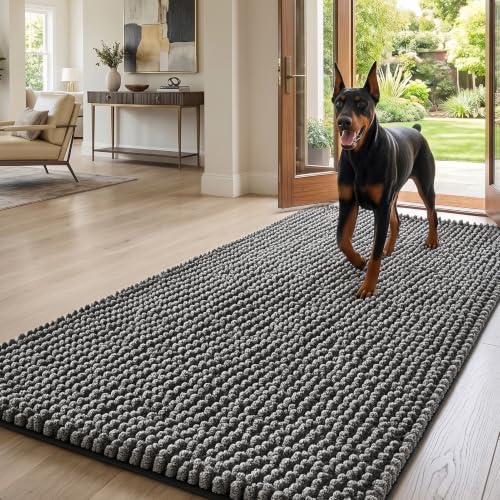 EHEYCIGA Super Absorbent Dog Door Mat for Muddy Paws 60x36 Inch Indoor, Front Doormat Outside Entrance, Quick Dry Chenille Washable Dog Crate Bed, Non-Slip Pet Rug Mud Mat Outdoor Entryway, Grey