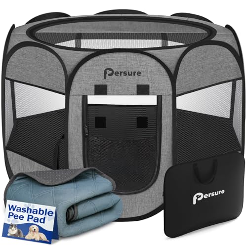 Dog Cat Playpen Indoor Outdoor for Puppy Pet Dogs Cat Recovery After Surgery, Dog Tent Crates Cage Indoor/Outdoor, Portable Pop Up Kennel with Carrying Case for Travel (Premium Grey with Pad, Medium)