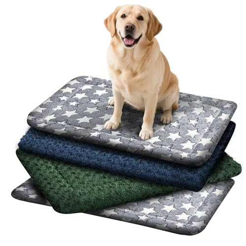 4 Pcs Washable Dog Bed Plush Orthopedic Outdoor Crate Mat with Non-Slip Bottom,Luxe Kennel Pad for Pets,Cozy Cage Cushion&Pet Sleeping Mattress Large Sized,Medium,Small Dogs,35 x 23 inch,Color Blend