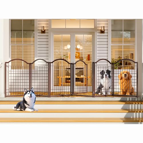 4NM Metal No Drilling Expandable Dog Gate, Extra Wide 144", Extra Tall 32" Free Standing Pet Gate with Door, Gates for Dogs Outdoor or Indoor, with 4PCS Support - Espresso