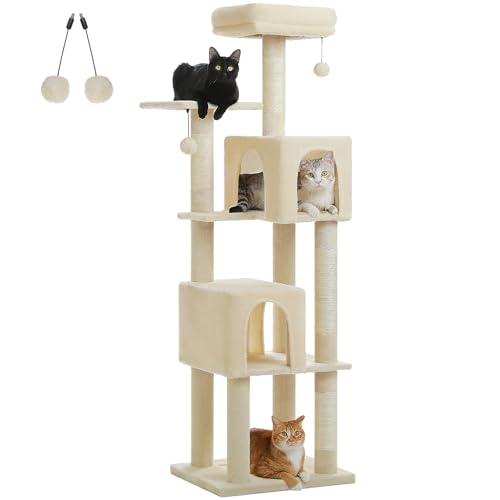 Cat Tree for Indoor Cats, Multi-Level Cat Tower with Sisal Scratching Posts, Padded Platform, Multi-Level Cat Condo w/Soft Bed & Scratching Pad, 2 Pompoms, Sturdy Base, Beige