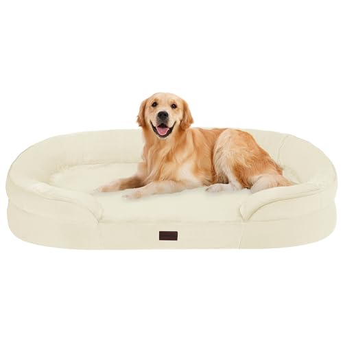 Dwanton Orthopedic Dog Bed for Large Dogs with Gel Memory Foam, Waterproof Dog Sofa, Washable Pet Bed with Four Sided Bolster Cushion, Removable Cover & Non-Slip Bottom, 42", Beige
