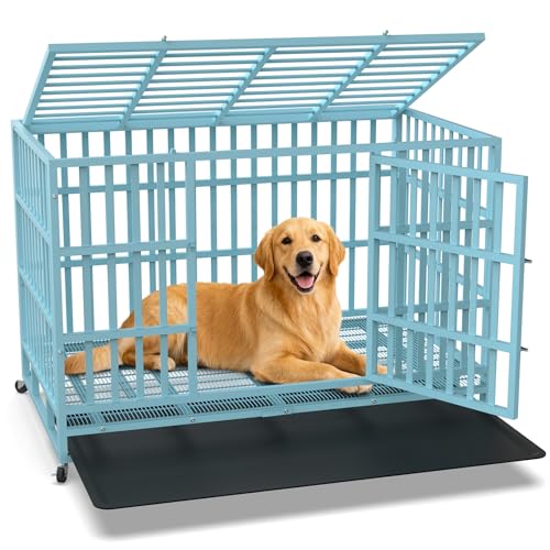 Heavy Duty Indestructible Dog Crate 48 Inch with Removable Tray, Sizes & Colors Optional, Escape Proof Double Door High Anxiety Cage Indoor, Kennel with Wheels for Large Dogs, XL XXL XXL