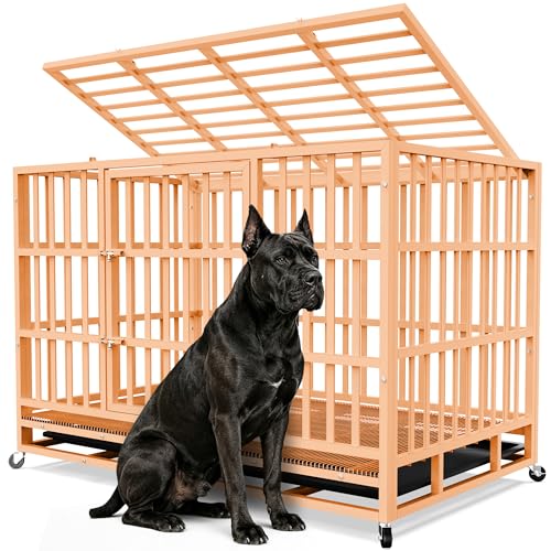 Heavy Duty Indestructible Dog Crate 48 Inch with Removable Tray, Sizes & Colors Optional, Escape Proof Double Door High Anxiety Cage Indoor, Kennel with Wheels for Large Dogs, XL XXL XXL