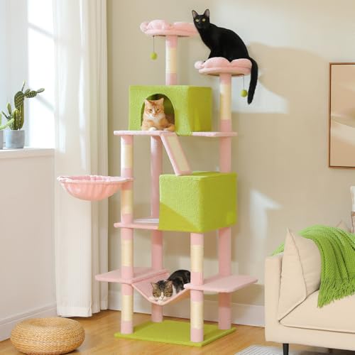 Flower Cat Tree Tall 70.8" for Adult Indoor Cats, 8-Levels Large Cat Tower with 8 Sisal Posts, 2 Hammocks, 2 Condos, Big Perch & 3 Pom Poms for Multi-Cats Household  Carpet Pink