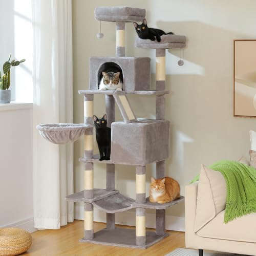 70.8" Tall Cat Tree for Indoor Cats Large Adult, Multi-Level Climbing Tower with Perches, Condo, Hammock, and Sisal Scratching Posts, Easy to Assemble, Light Gray